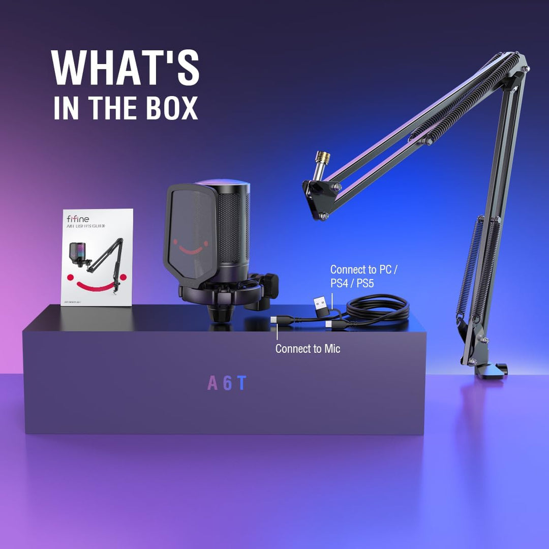 FIFINE Gaming PC USB Microphone, Podcast Condenser Mic with Boom Arm, Pop Filter, Mute Button for Streaming, Twitch, Online Chat, RGB Computer Mic for PC Gamer Youtuber-Ampligame A6T