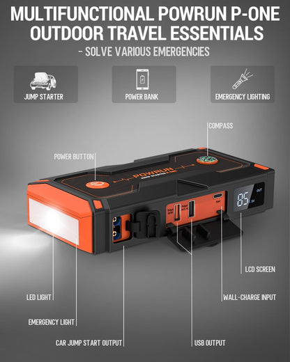 Powrun P-ONE Jump Starter, 2000A Portable Jump Box - Car Jump Starter Battery Pack for up to 8.0L Gas and 6.5L Diesel Engines, 12V Battery Jump Starter with Carry Case (Orange)