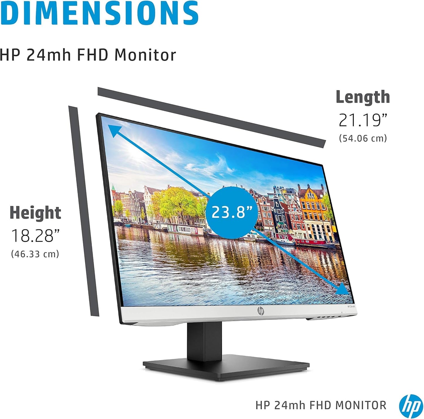 HP 24Mh FHD Computer Monitor with 23.8-Inch IPS Display (1080P) - Built-In Speakers and VESA Mounting - Height/Tilt Adjustment for Ergonomic Viewing - HDMI and Displayport - (1D0J9AA#ABA)