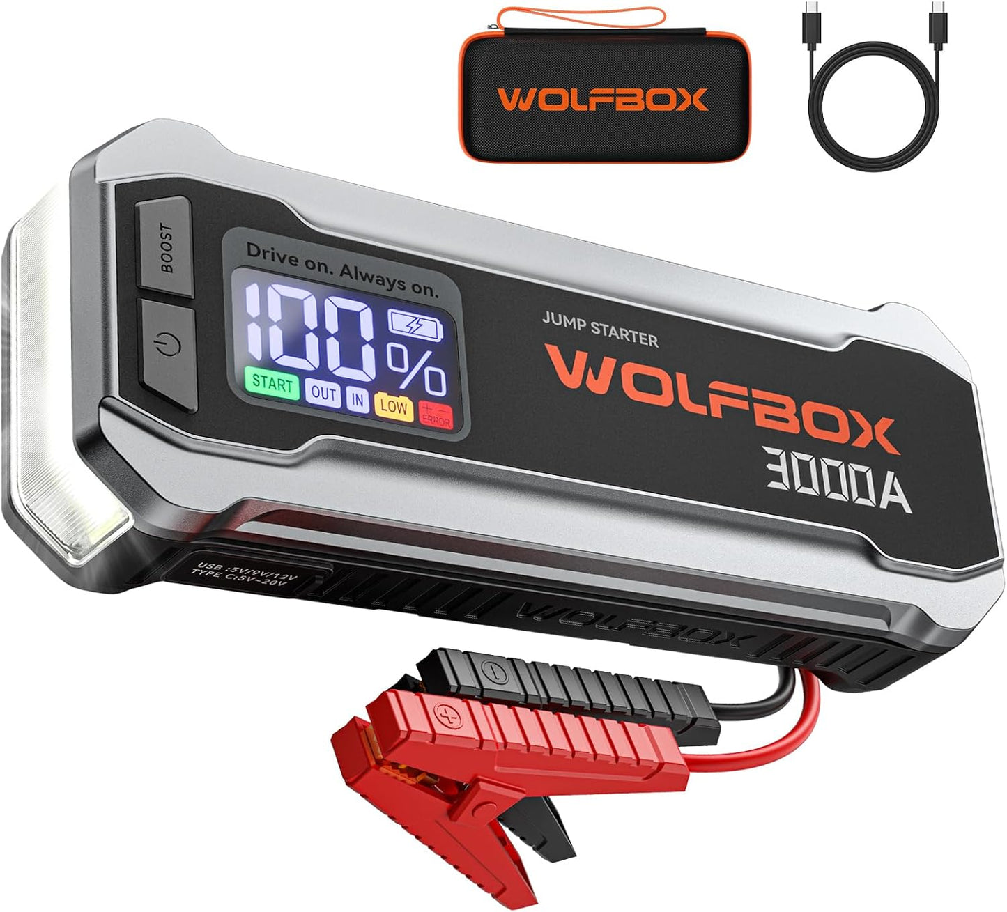 WOLFBOX 3000A Jump Starter,12V Car Battery Jump Starter,65W Quick Charge(Adapter Not Included) 16000Mah Portable Jump Starter Battery Pack for 8L Gas 6L Diesel Engine with Booster,Led Light,Jump Box