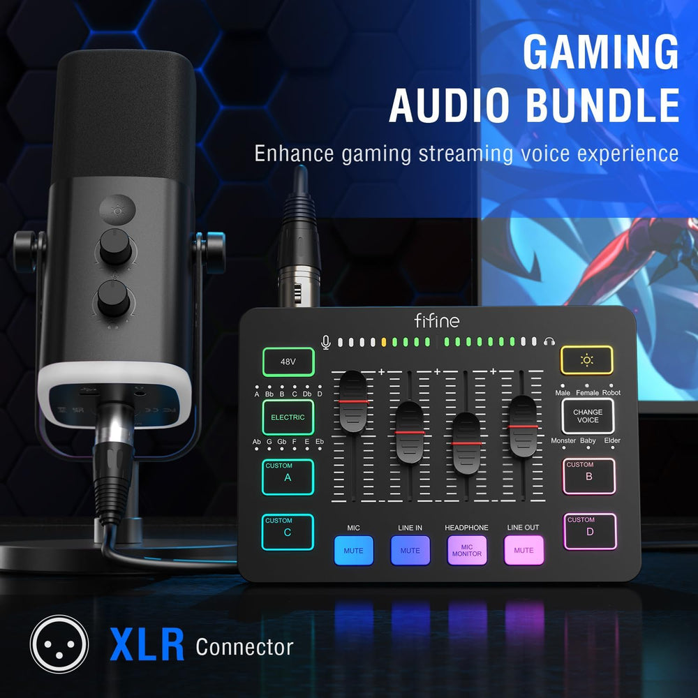FIFINE Gaming Equipment Bundle, Dynamic XLR/USB Gaming Microphone Set with Streaming Audio Mixer for Podcast Recording Video Vocal, RGB Gamer Set with Volume Fader/Xlr Interface for Pc-Ampligame KS5