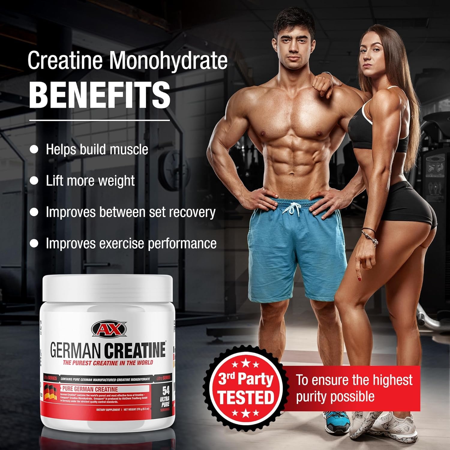 German Creatine - Pure Creapure Micronized Creatine Monohydrate Powder, Promotes Muscle Growth, Increase Muscle Mass, Enhance Strength, 99.99% Purity, 3Rd Party Tested, 270G (54 Servings)