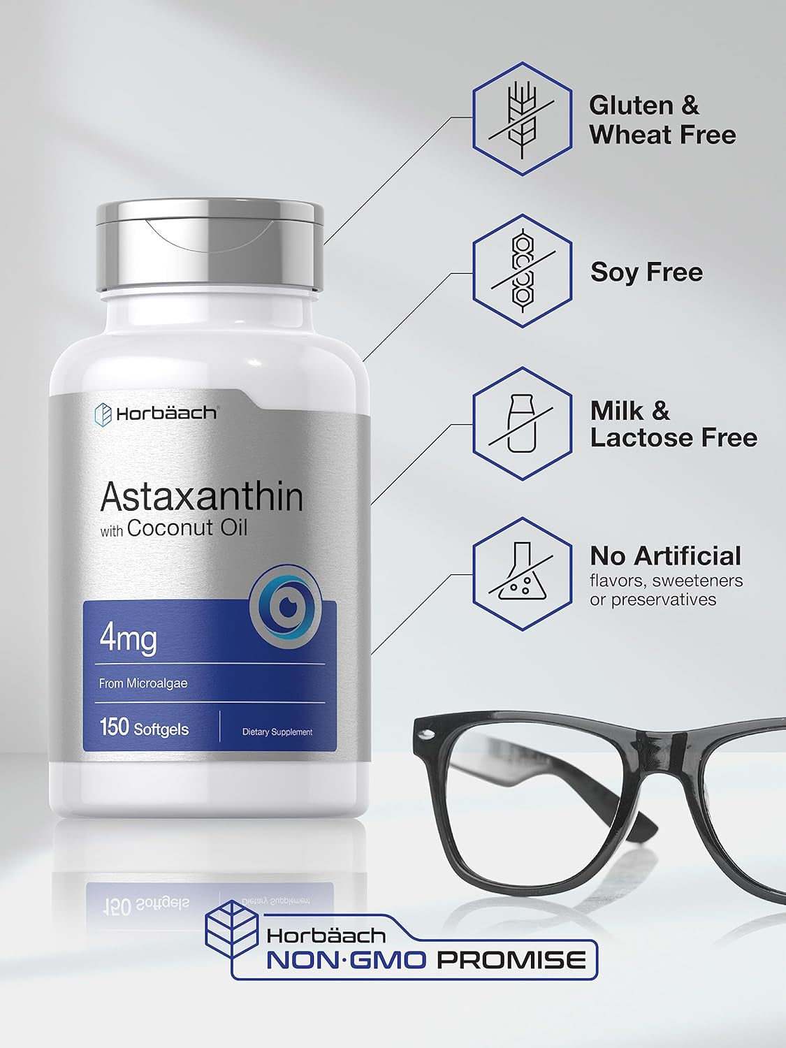 Horbäach Astaxanthin 4Mg | 150 Softgels | with Coconut Oil | Supplement from Microalgae | Non-Gmo, Gluten Free