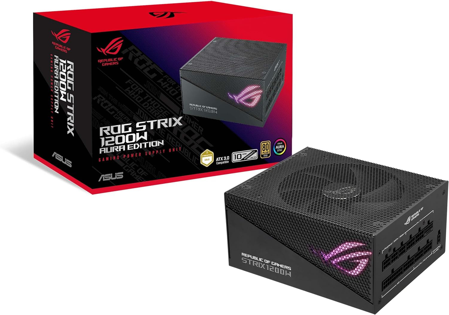 ASUS ROG Strix 1200W Gold Aura Edition (Fully Modular Power Supply, 80+ Gold Certified, ATX 3.0, Cybenetics Lambda A+ Certification, Pcie Gen 5.0 Ready, Axial-Tech Fan, Aura Sync, 10 Year Warranty)