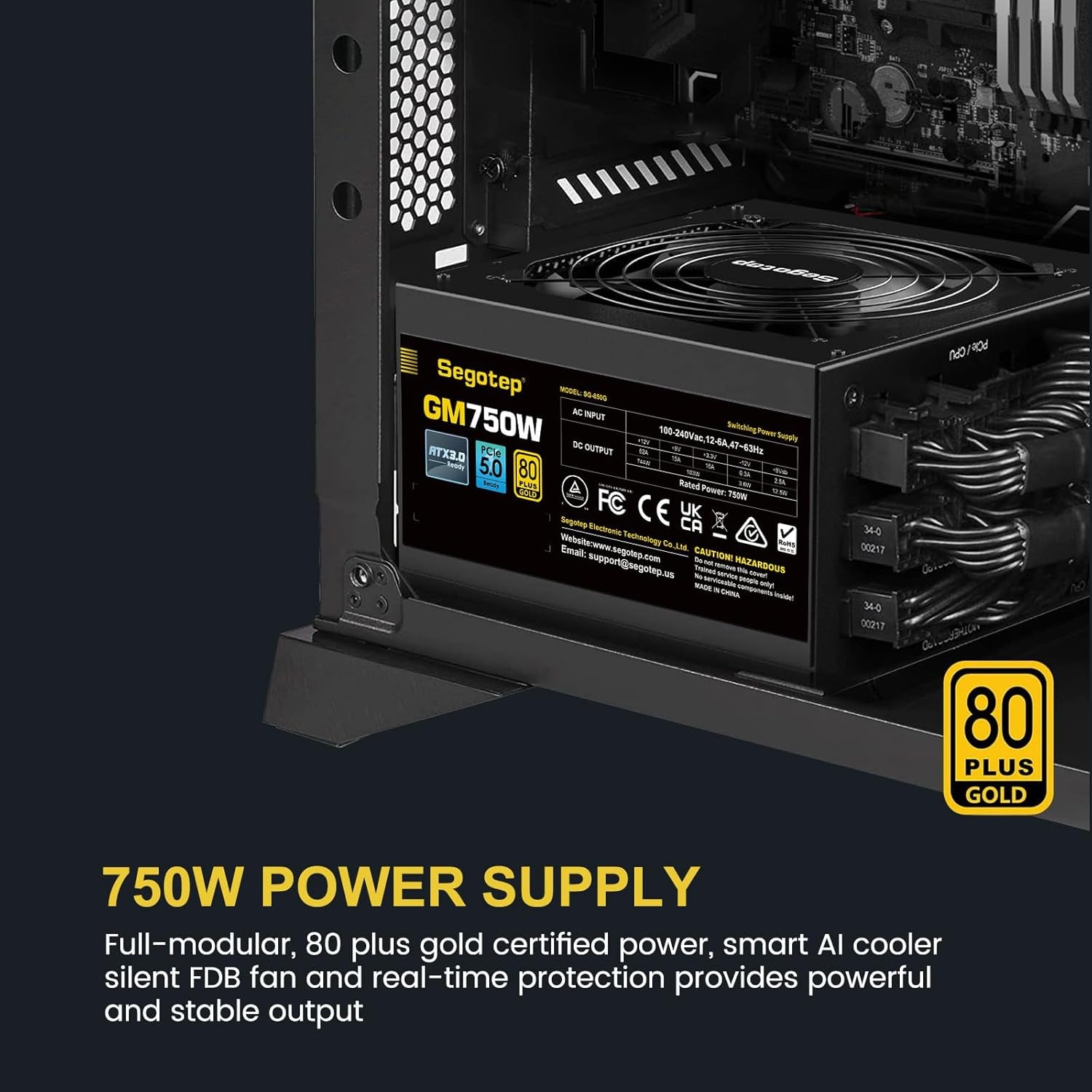 Segotep 750W Power Supply, 80 plus Gold Full Modular Pcie 5.0 & ATX 3.0 Gaming PSU for NVIDIA RTX 20/30/40 Series & AMD GPU, 120Mm Silent FDB Fan, 100% Japanese Original Electrolytic Capacitors