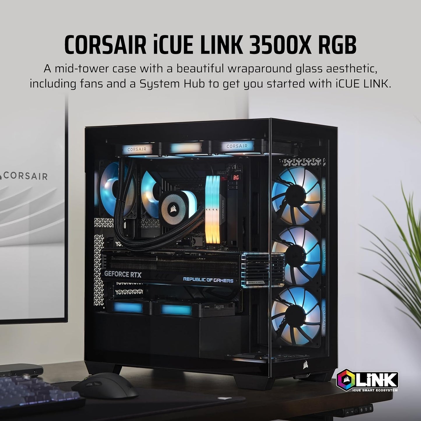 CORSAIR Icue Link 3500X RGB Mid-Tower ATX PC Case – Panoramic Tempered Glass – Reverse Connection Motherboard Compatible – 3X CORSAIR Icue Link RX120 RGB Fans Included – Black