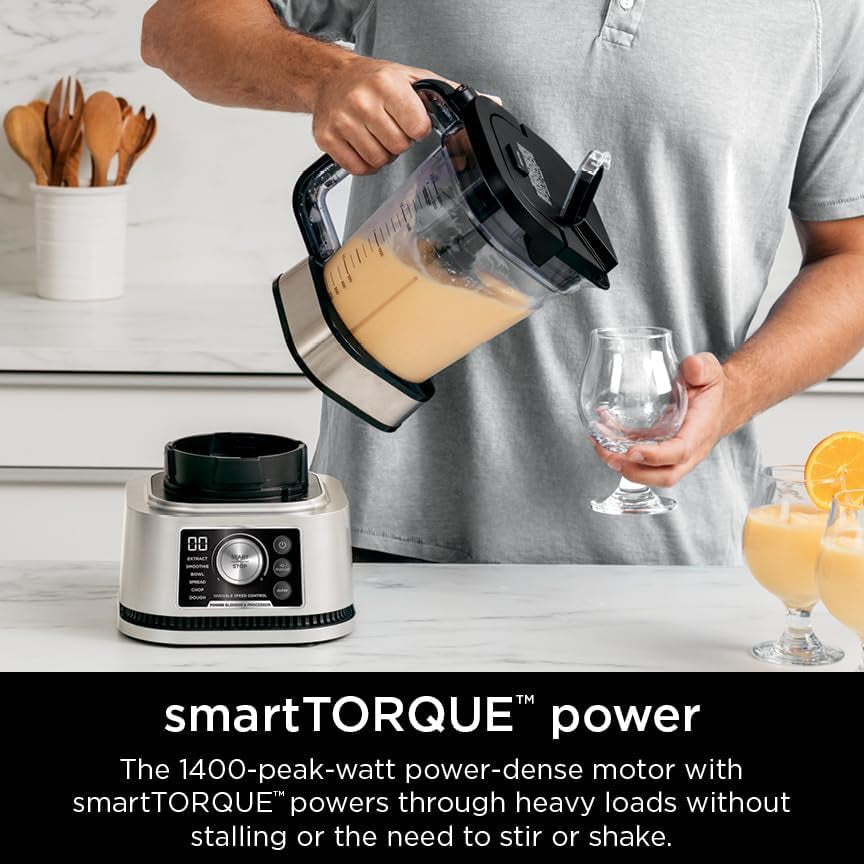 Ninja SS351 Foodi Power Blender & Processor System 1400 WP Smoothie Bowl Maker & Nutrient Extractor* 6 Functions for Bowls, Spreads, Dough & More, Smarttorque, 72-Oz.** Pitcher & To-Go Cups, Silver