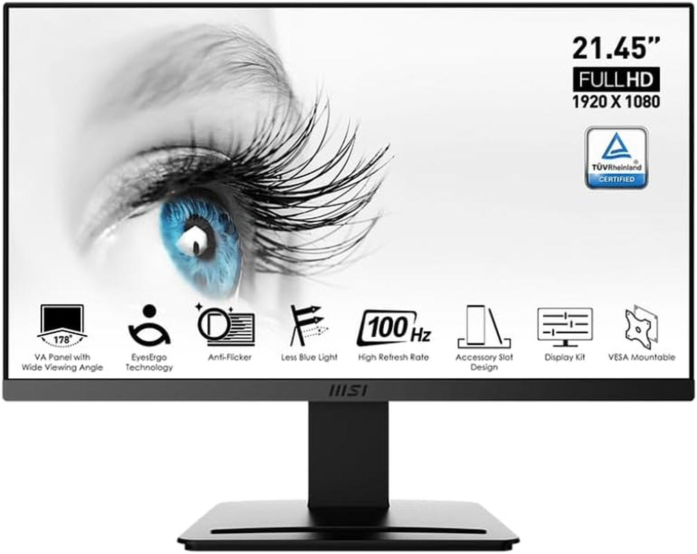 MSI PRO MP223, 22-Inch VA 1920 X 1080 (FHD) Computer Monitor, 100Hz, Adaptive-Synch, HDMI, Video Port, VESA Mountable, Less Blue Light, Tilt, 1Ms, Black