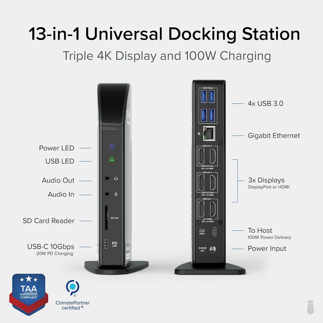 Plugable 4K USB C Docking Station Triple Monitor with 100W Power Delivery | USB C Dock for Windows and Mac, Thunderbolt 3/4 | Driver Required | 3X HDMI and 3X Displayport (UD-ULTC4K)