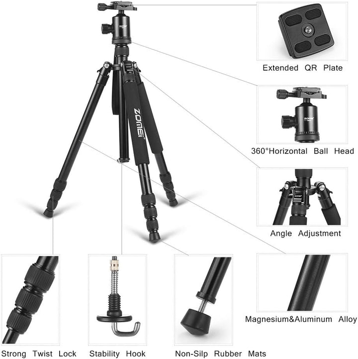 ZOMEI Tripod,Camera Tripod,Lightweight Camera Travel Z818 Tripod Aluminium Alloy Monopod with 360 Panorama Ball Head Quick Release Plate Ball for DSLR Canon Sony Nikon Cameras(Black)