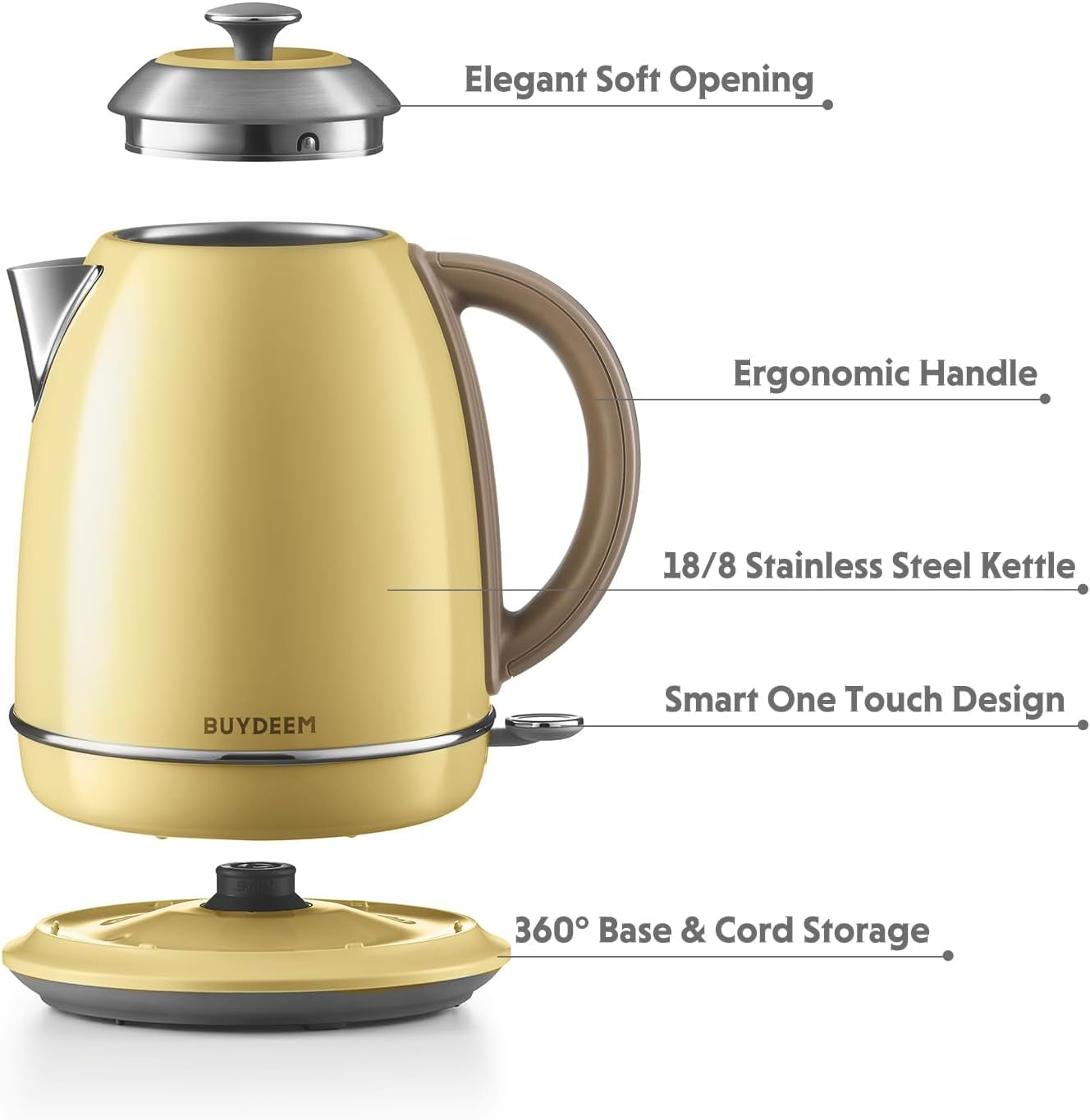 BUYDEEM K640 Stainless Steel Electric Tea Kettle with Auto Shut-Off and Boil Dry Protection, 1.7 Liter Cordless Hot Water Boiler with Swivel Base, 1440W, Mellow Yellow