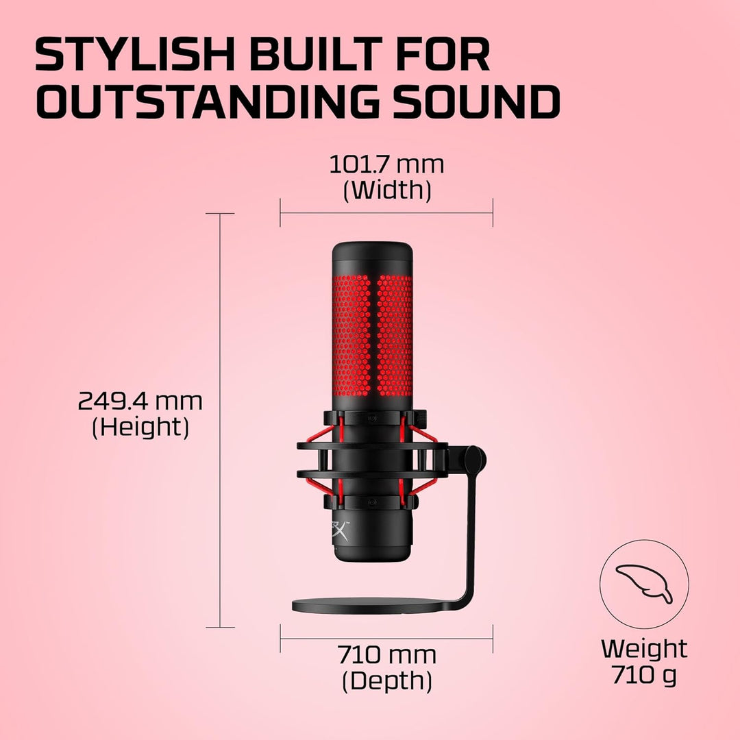 Hyperx Quadcast - USB Condenser Gaming Microphone, for PC, PS4, PS5 and Mac, Anti-Vibration Shock Mount, Four Polar Patterns, Pop Filter, Gain Control, Podcasts, Twitch, Youtube, Discord, Red LED