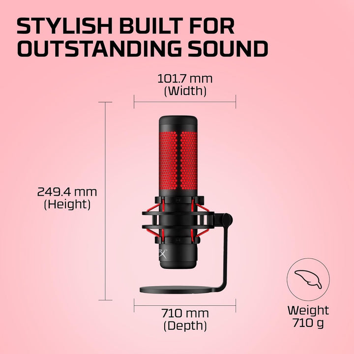 Hyperx Quadcast - USB Condenser Gaming Microphone, for PC, PS4, PS5 and Mac, Anti-Vibration Shock Mount, Four Polar Patterns, Pop Filter, Gain Control, Podcasts, Twitch, Youtube, Discord, Red LED
