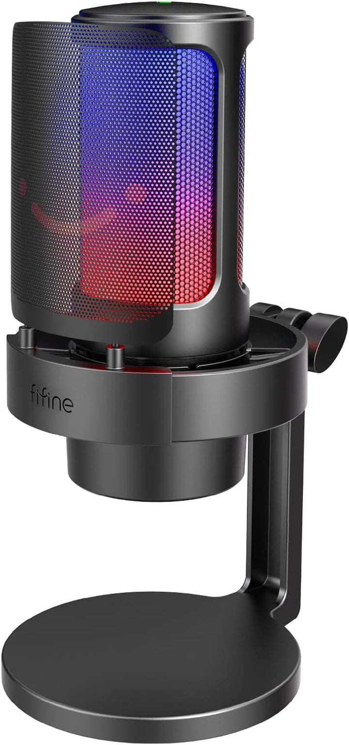 FIFINE Gaming Microphone, USB PC Mic for Streaming, Podcasts, Recording, Condenser Computer Desktop Mic on Mac, with RGB Control, Mute Touch, Headphone Jack, Pop Filter, Stand-Ampligame A8