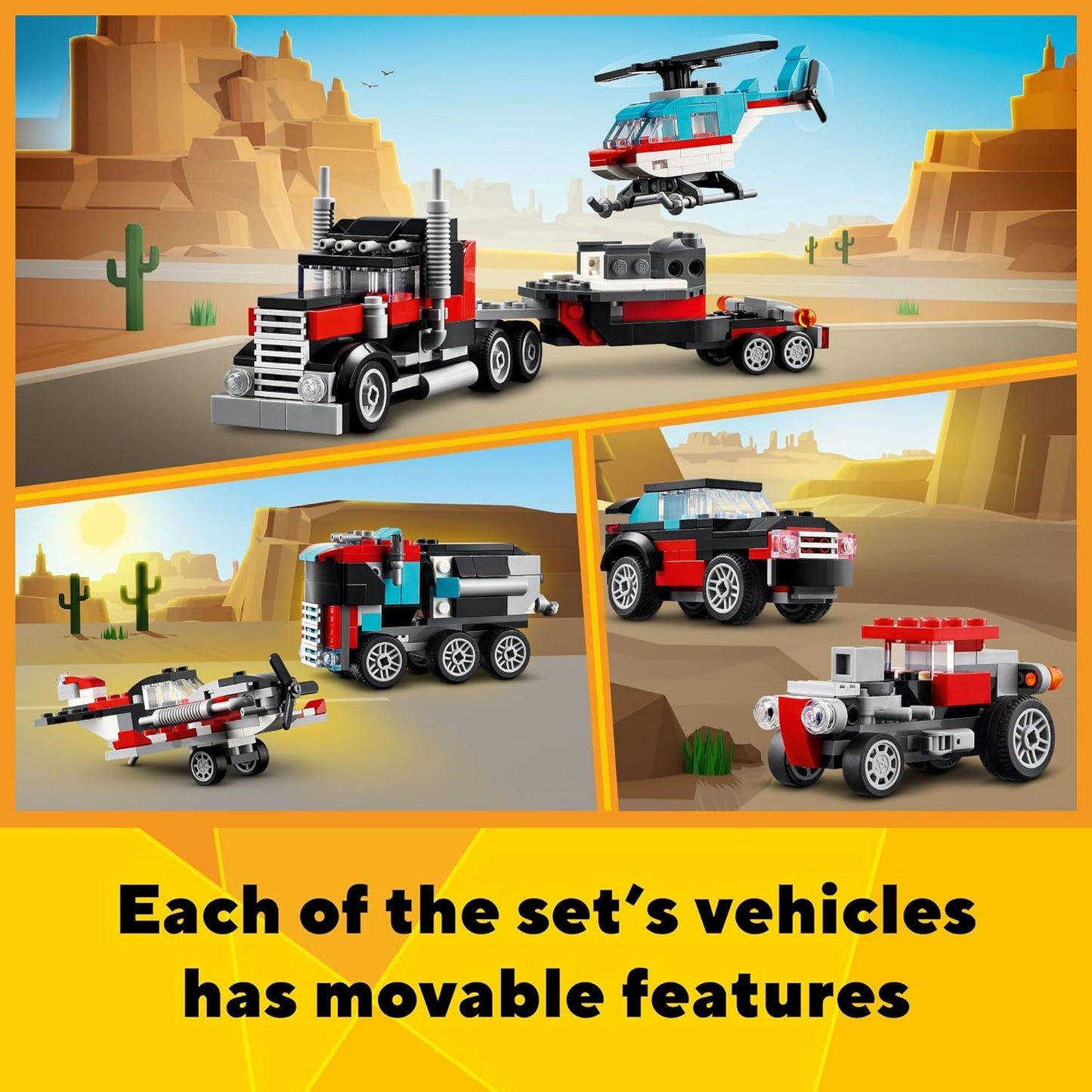 LEGO Creator 3 in 1 Flatbed Truck with Helicopter Toy, Transforms from Flatbed Truck Toy to Propeller Plane to Hot Rod and SUV Car Toys, Gift Idea for Boys and Girls Ages 7 Years Old and Up, 31146