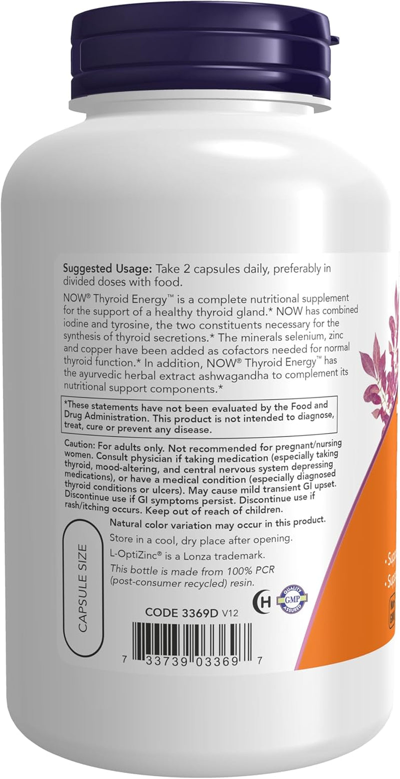 NOW Foods Supplements, Thyroid Energy™, Iodine and Tyrosine plus Selenium, Zinc and Copper, 180 Veg Capsules