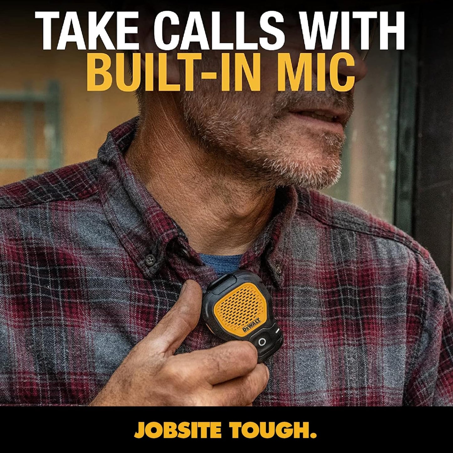 DEWALT Wearable Bluetooth Speaker (Updated Version), Clip-On Wireless Jobsite Pro Water-Resistant Portable Speaker (Non-Magnetic), Built-In Mic for Hands-Free Music/Calls, Bluetooth Speaker (Yellow)