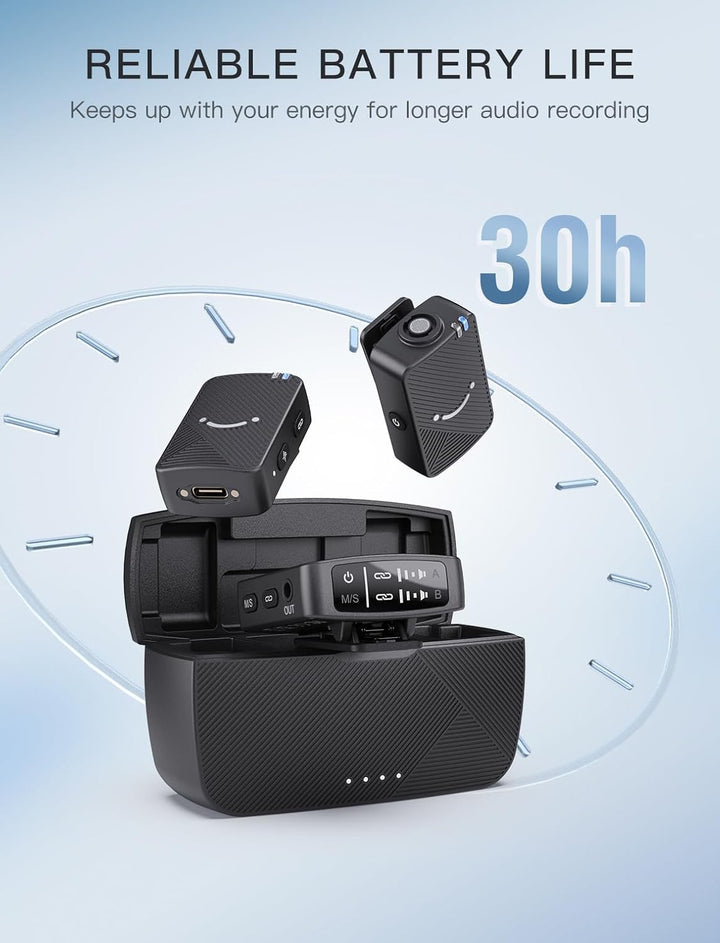 FIFINE Wireless Lavalier Microphone for Iphone/Android/Camera, 2 Pack Cordless Lapel Mic System for Vlog Recording Video Youtube/Tiktok Interview, Condenser Clip-On Microphone with Charging Case-M9