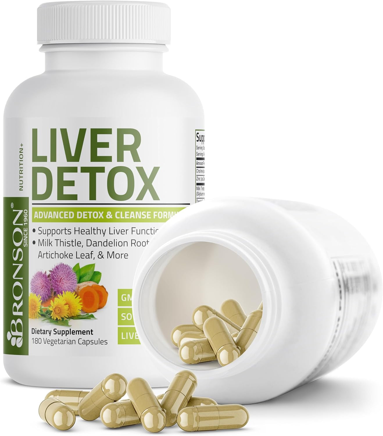 Bronson Liver Detox Advanced Detox & Cleansing Formula Supports Health Liver Function with Milk Thistle, Dandelion Root, Turmeric, Artichoke Leaf & More, Non-Gmo, 180 Vegetarian Capsules