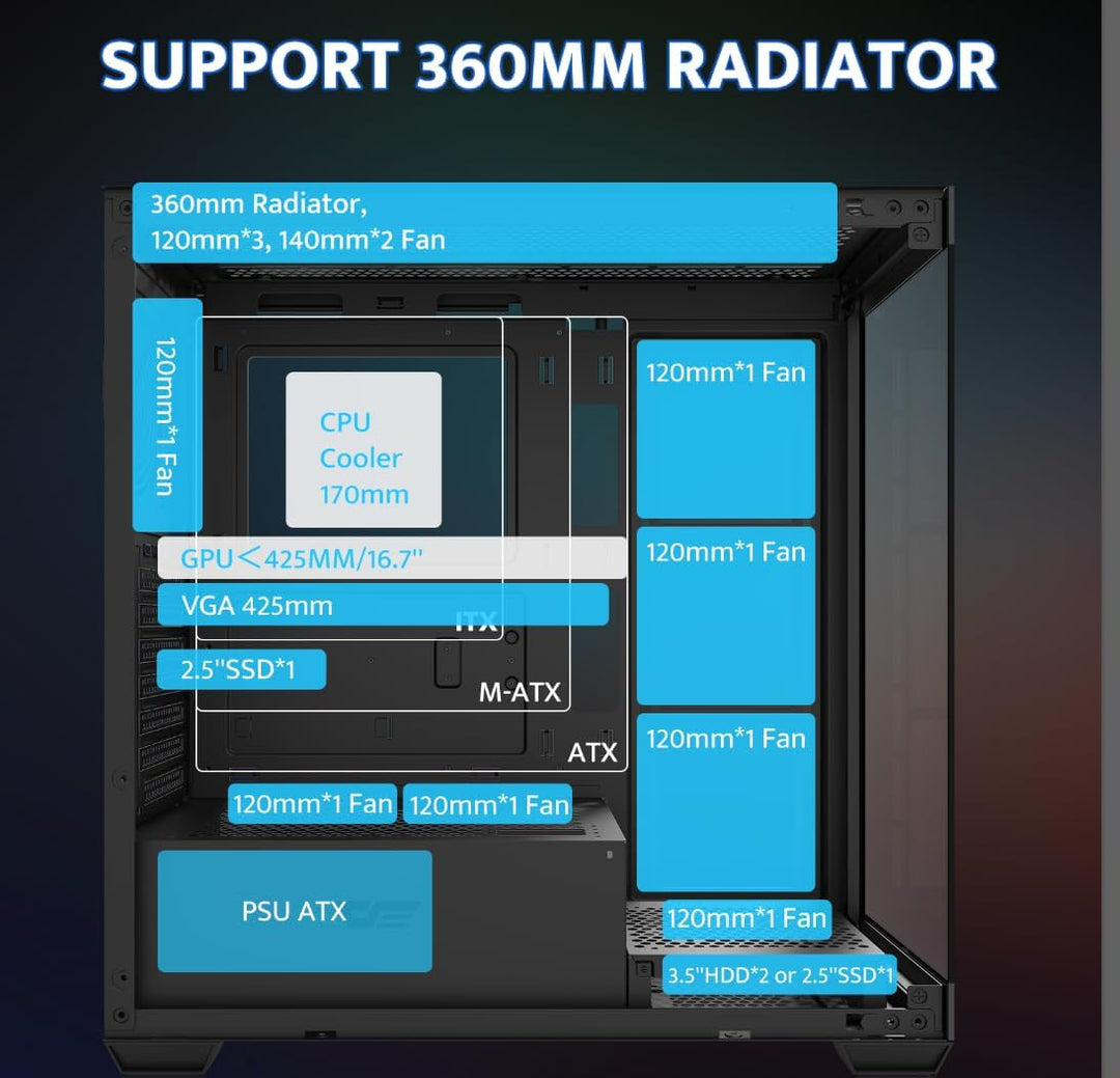 Darkflash ATX Mid-Tower PC Case, Pre-Install 4 PWM ARGB Fans Computer Case, Full View Dual Tempered Glass Gaming PC Case, Type C Port, Supports up to 360Mm Water Cooling Radiator, Black(Ds900)