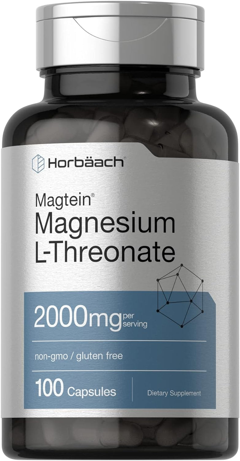 Horbäach Magtein Magnesium L-Threonate | 2000Mg Supplement | 100 Capsules | for Men & Women | Non-Gmo and Gluten Free