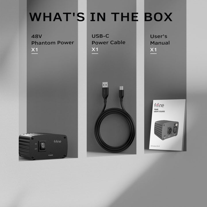 FIFINE 48V Phantom Power with Output/Input, Power Supply for Condenser Microphone, Recording Equipment-Pm48