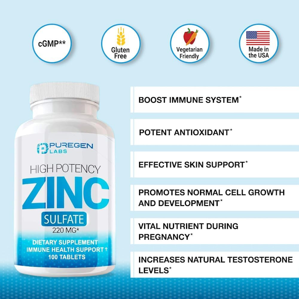 Zinc 220Mg [High Potency] Supplement – Zinc Sulfate for Immune Support System 100 Tablets