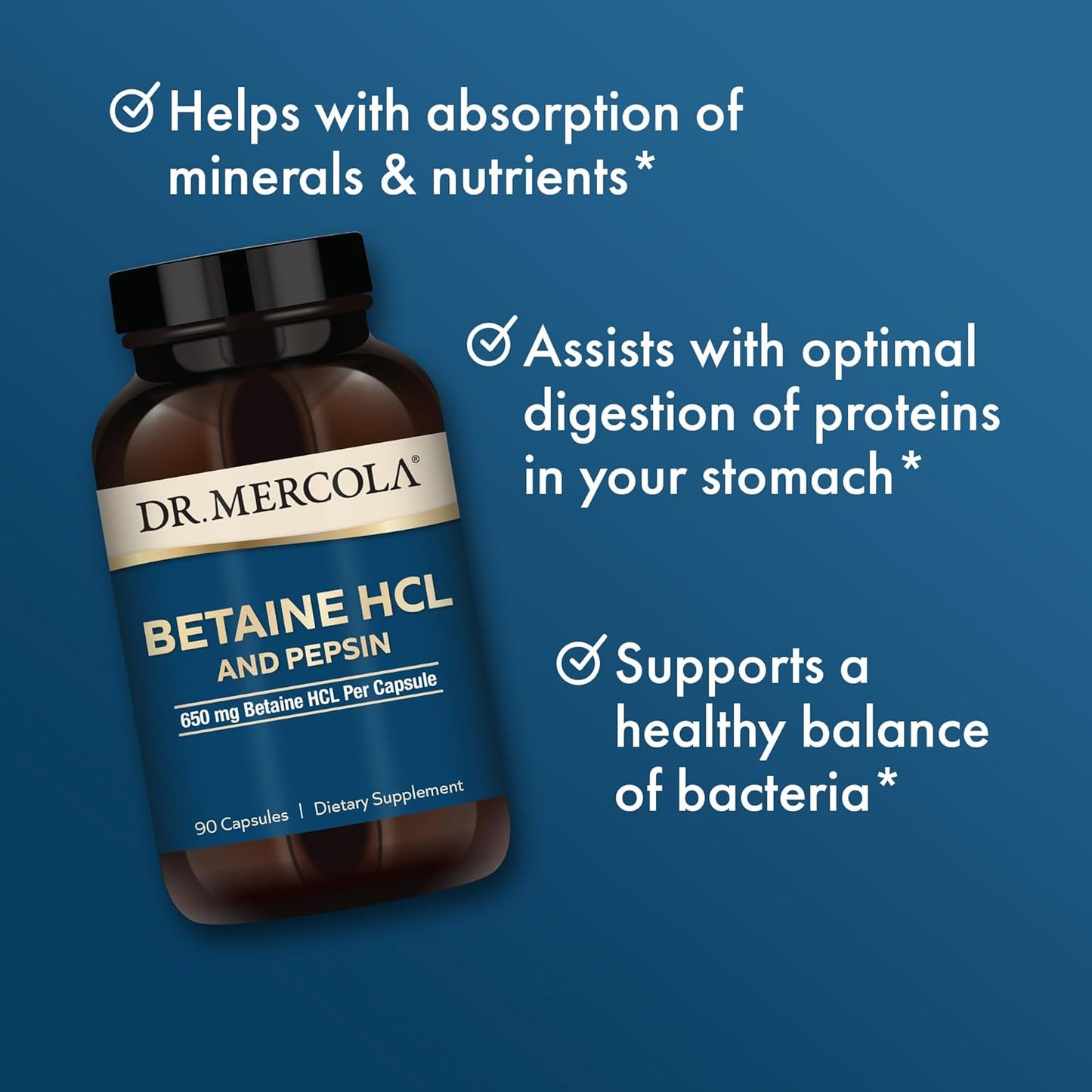 Dr. Mercola Betaine HCL and Pepsin, 30 Servings (90 Capsules), Dietary Supplement, 650Mg Betaine HCL per Capsule, Supports Healthy Digestion, Non-Gmo