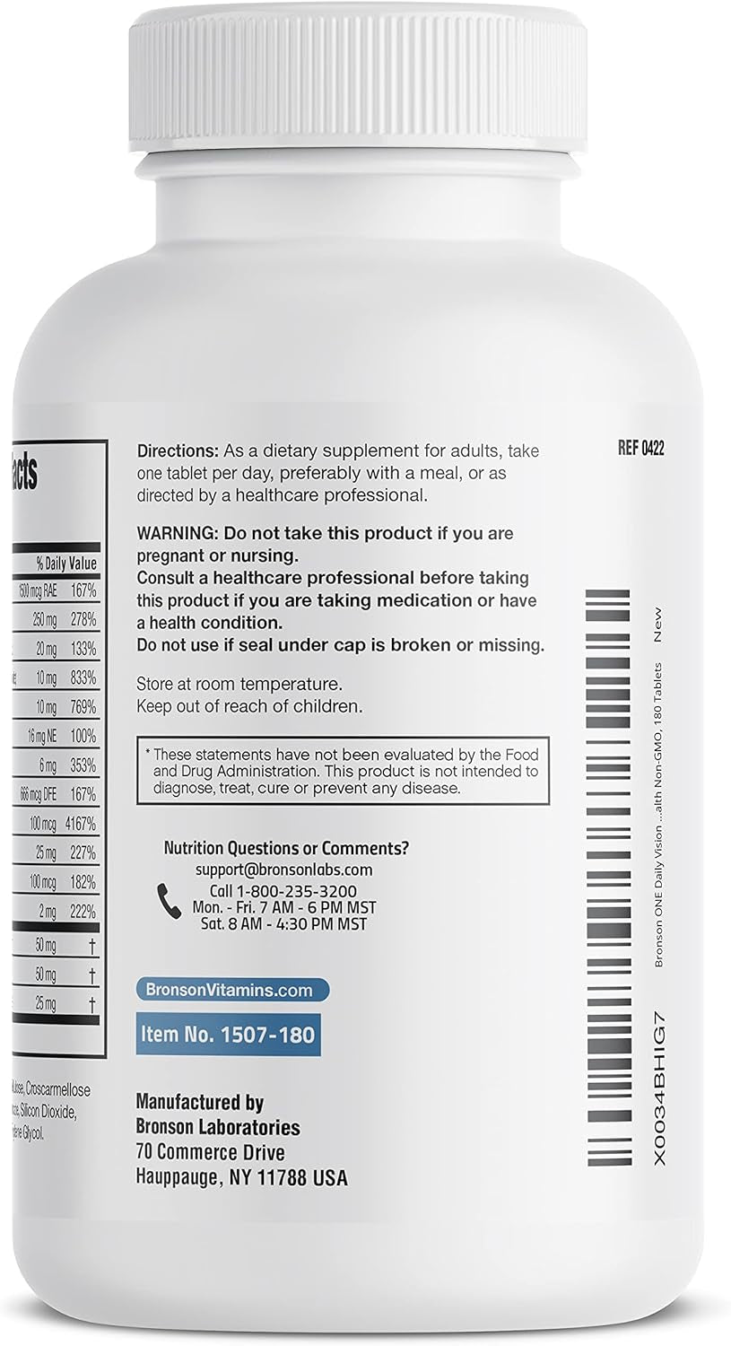 Bronson ONE Daily Vision Complete Eye Health Support Multivitamin Multimineral Supplement Formula, 180 Tablets