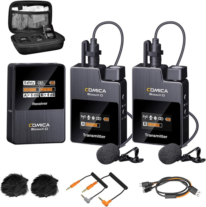 COMICA Boomx-D2 Wireless Lavalier Microphone, 2.4G Dual Lapel Mic with 2 Transmitters, Noise Cancellation, 656Ft Range, Compatible with Iphone, Android, Camera, for Youtube Video Recording Streaming