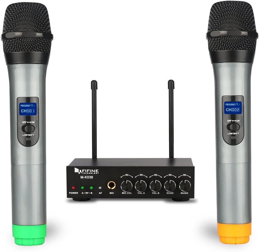 FIFINE UHF Dual Channel Wireless Handheld Microphone, Easy-To-Use Karaoke Wireless Microphone System-K036