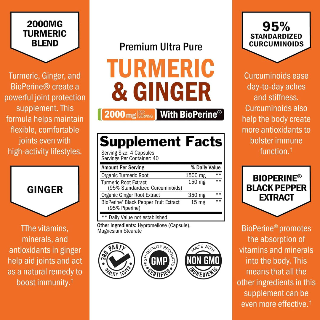 Turmeric and Ginger Supplement with Bioperine - 2000Mg High Absorption, 95% Curcuminoids - Non-Gmo, Gluten-Free Turmeric Supplement for Joint and Immune Support - 160 Capsules
