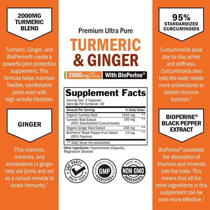Turmeric and Ginger Supplement with Bioperine - 2000Mg High Absorption, 95% Curcuminoids - Non-Gmo, Gluten-Free Turmeric Supplement for Joint and Immune Support - 160 Capsules