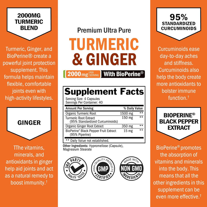 Turmeric and Ginger Supplement with Bioperine - 2000Mg High Absorption, 95% Curcuminoids - Non-Gmo, Gluten-Free Turmeric Supplement for Joint and Immune Support - 160 Capsules