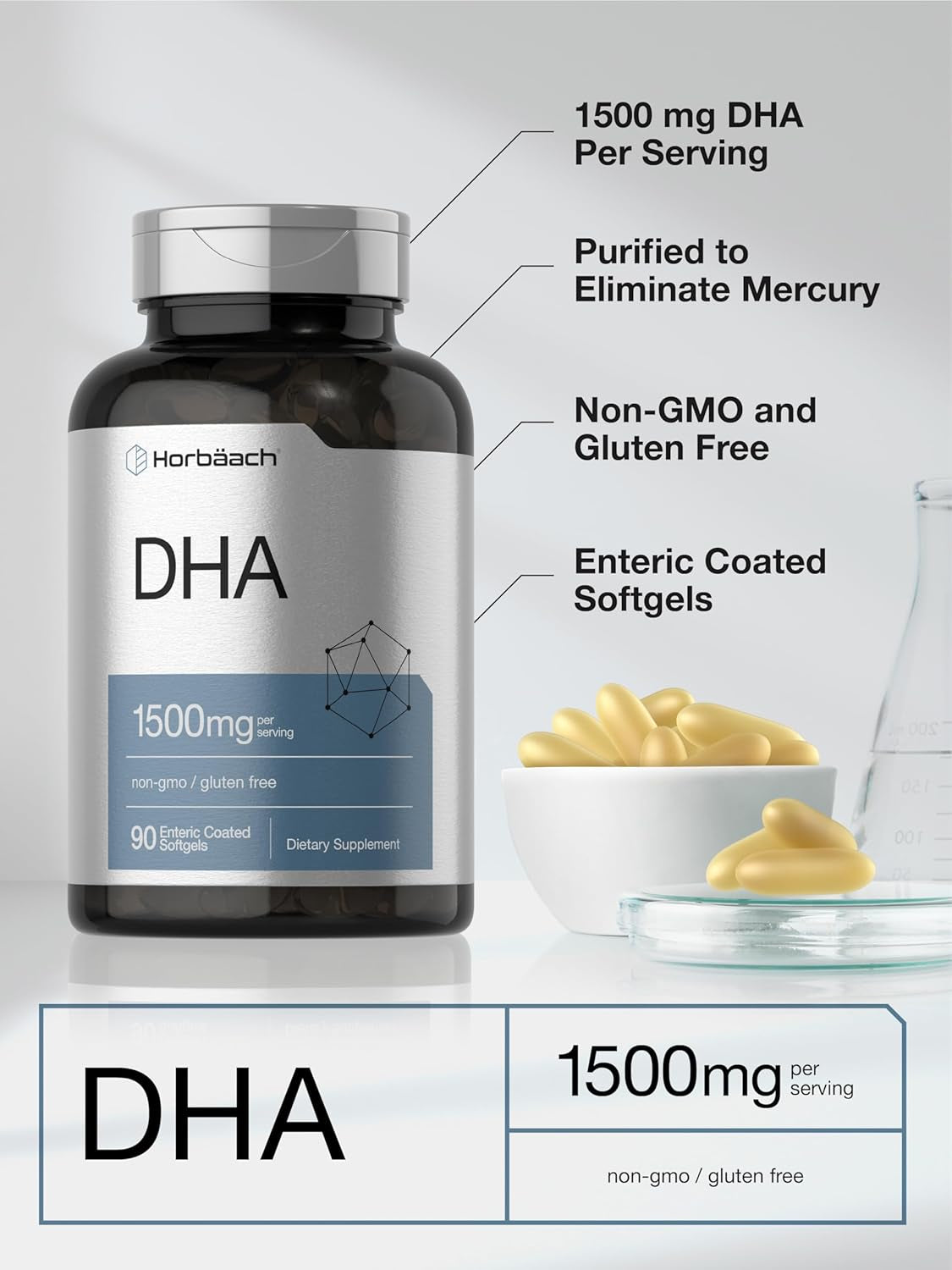 Horbaach DHA Supplement 1500Mg | 90 Softgels | EPA, Omega 3, DHA | Non-Gmo, Gluten Free