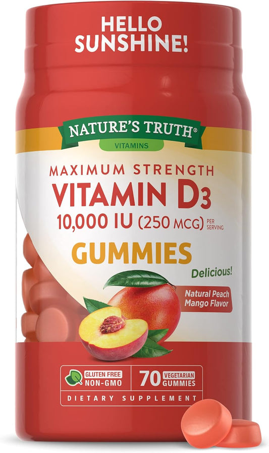 Nature'S Truth Vitamin D3 Gummies for Adults | 10000 IU | 70 Count | Peach Mango Flavor | Vegetarian, Non-Gmo & Gluten Free Supplement