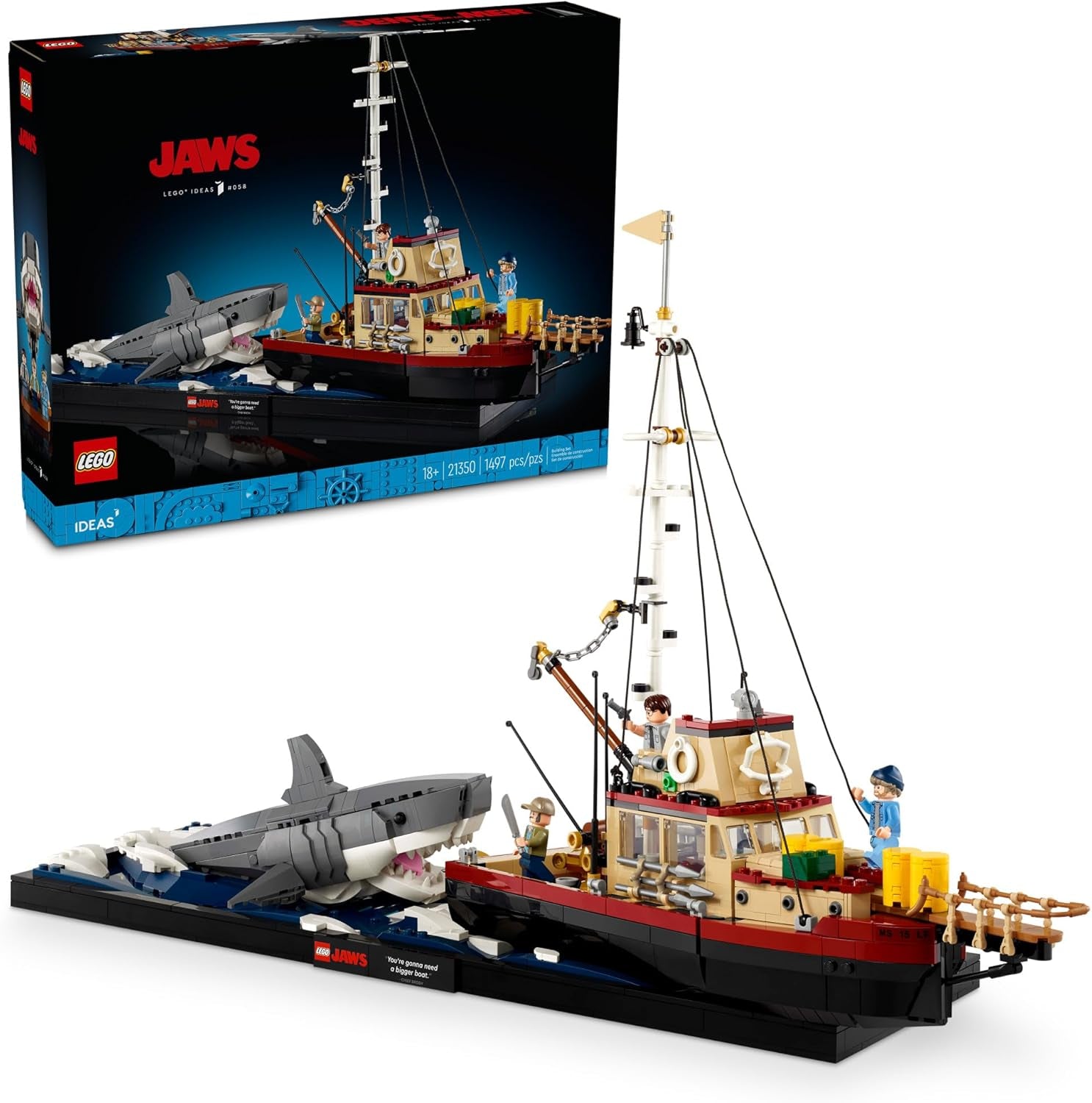 LEGO Ideas Jaws Set - Diorama Kit for Fans of the Classic Movie - Shark Toy - Movie Memorabilia Gift for Adults - Includes Orca Boat and Chief Brody, Hooper and Quint Minifigures - 21350