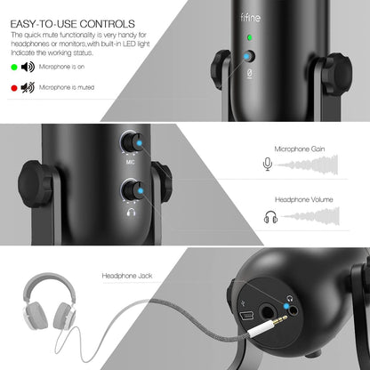 FIFINE USB Podcast Microphone for Recording Streaming, Condenser Computer Gaming Mic for PC Mac, Headphone Output&Volume Control, Mic Gain Control, Mute Button for Vocal, Youtube (K678)