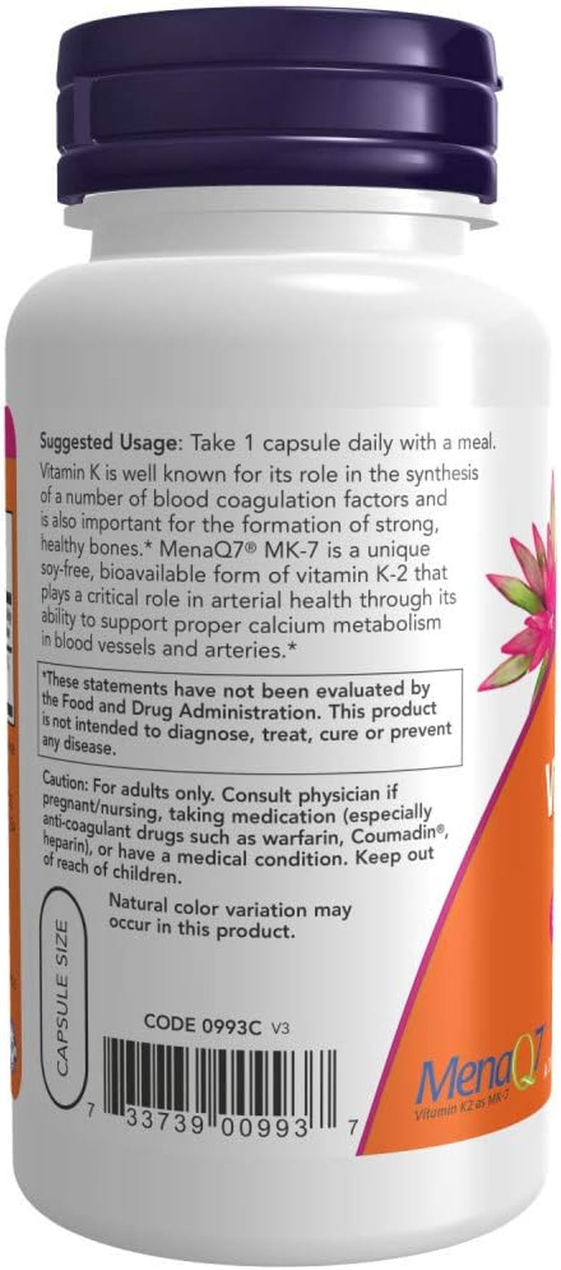 NOW Foods Supplements, MK-7 Vitamin K-2 100 Mcg, Cardiovascular Support*, Supports Bone Health*, 120 Veg Capsules