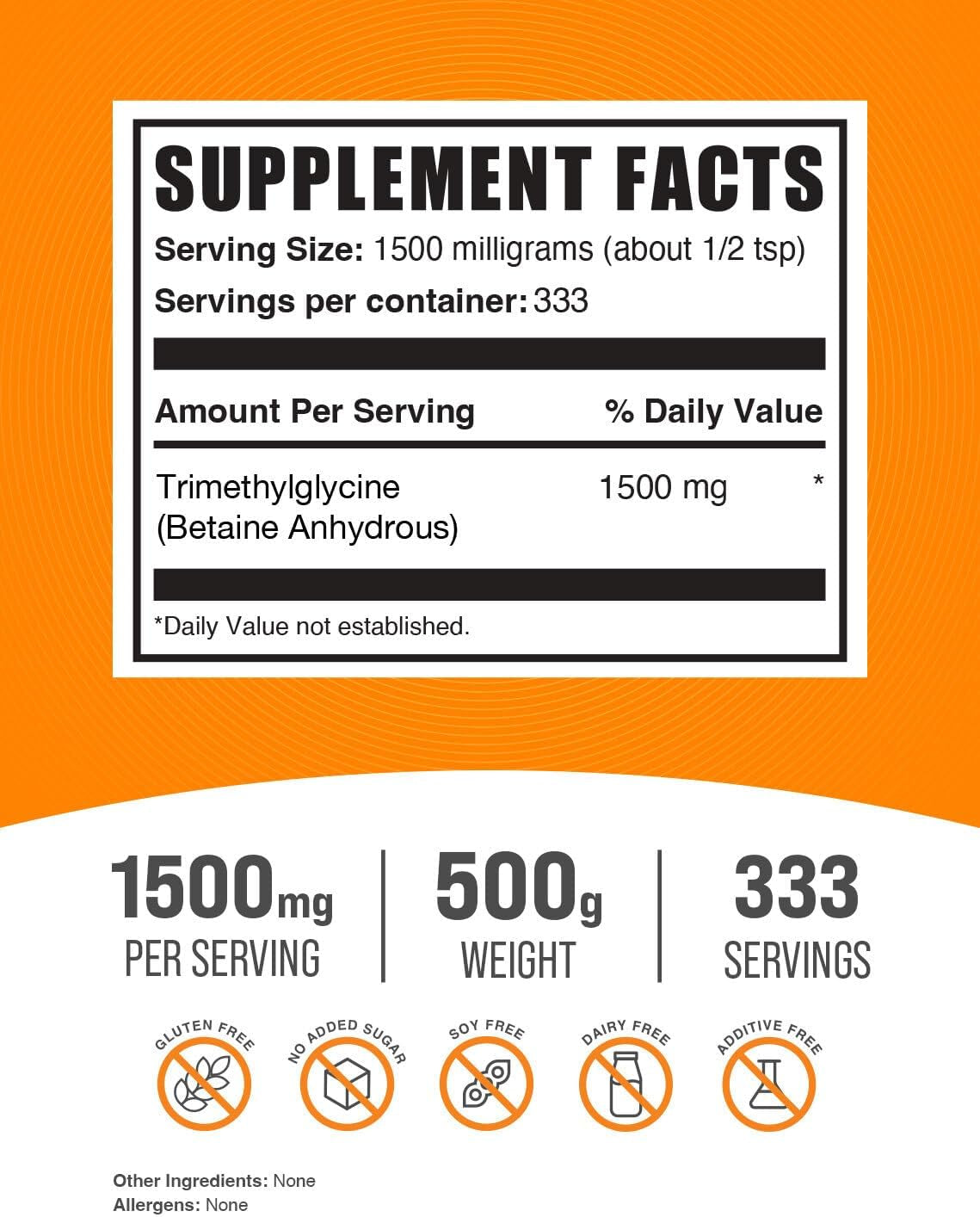 Bulksupplements.Com TMG Powder - Trimethylglycine as Betaine Anhydrous, TMG Supplement - Trimethylglycine Supplement, Gluten Free - 1500Mg per Serving 500G (1.1 Lbs) (Pack of 1)