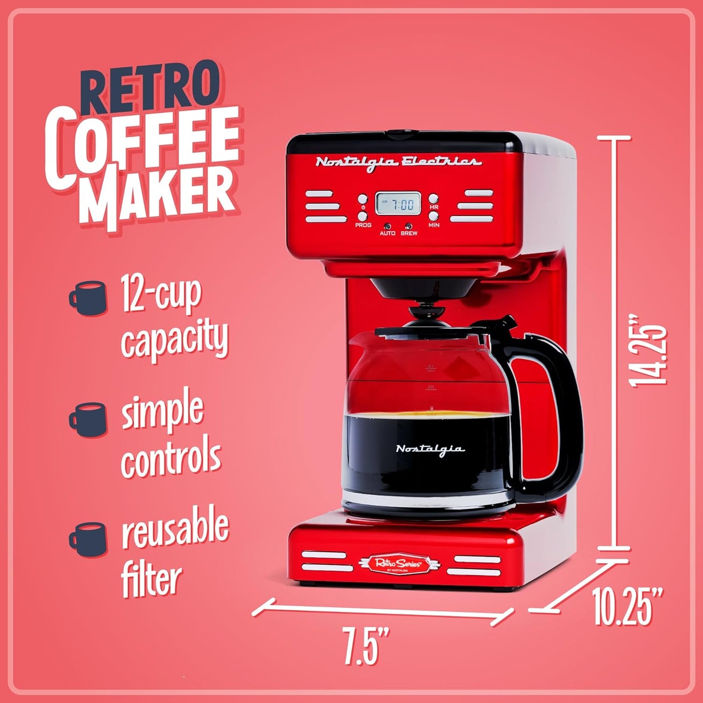 Nostalgia Retro 12-Cup Programmable Coffee Maker with LED Display, Automatic Shut-Off & Keep Warm, Pause-And-Serve Function, Red