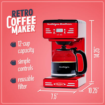 Nostalgia Retro 12-Cup Programmable Coffee Maker with LED Display, Automatic Shut-Off & Keep Warm, Pause-And-Serve Function, Red