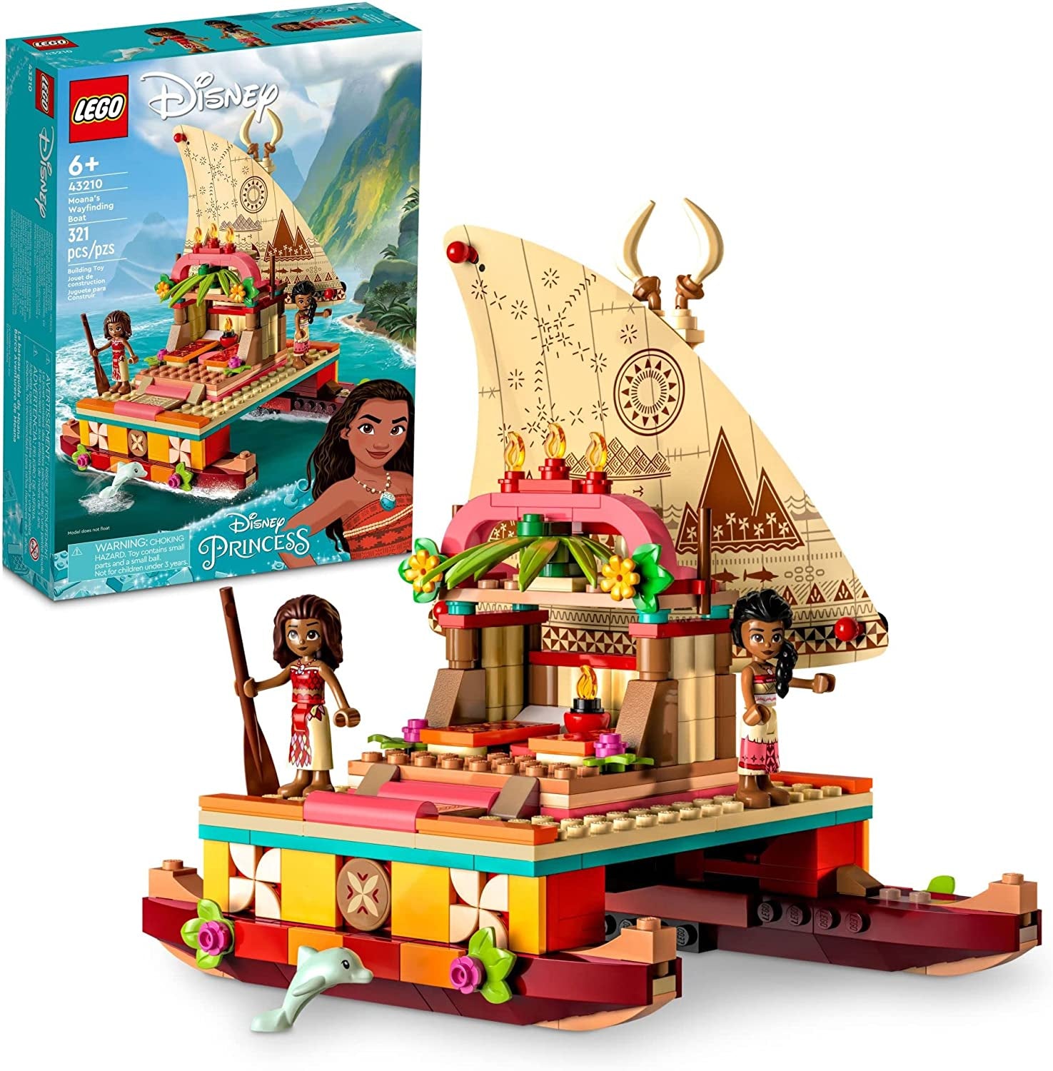 LEGO Disney Princess Moana'S Wayfinding Boat Building Toy 43210 Disney Princess Toy Set with Moana and Sina Mini-Dolls, Dolphin Figure, Disney-Inspired Pretend Play Toy for Kids Boys Girls Ages 6+