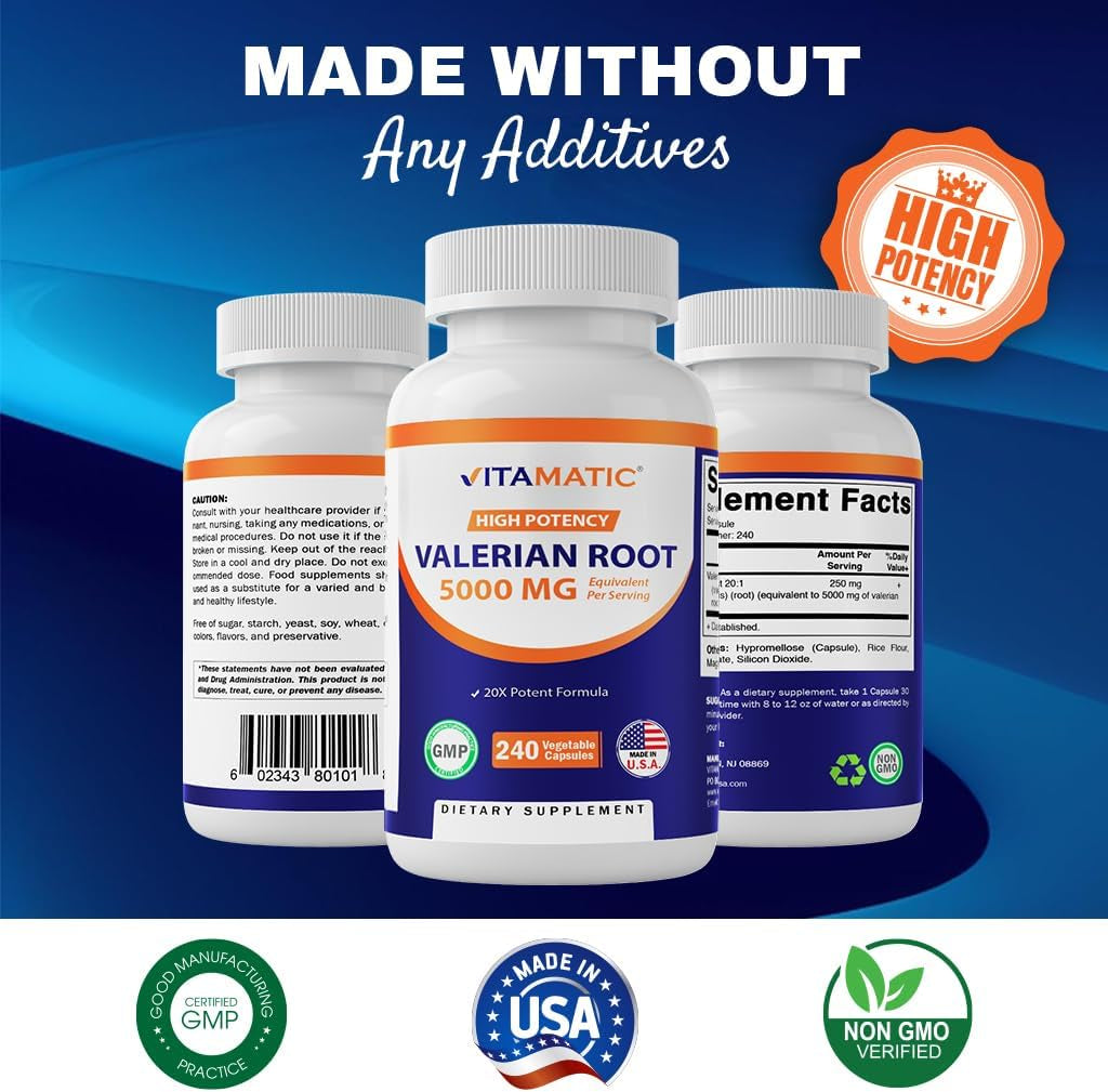 Vitamatic 2 Packs Valerian Root 5000 Mg Equivalent per Capsule - 20X Concentrated Extract from 20:1 250Mg - 240 Capsules