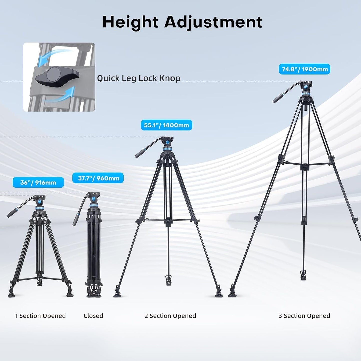 SIRUI AM-25S Video Tripod, 74.8" Professional Heavy Duty Tripod with Adjustable Damping Fluid Head for Camcorder, Cameras, DSLR, 360° Pan & +90°/-75° Tilt, Quick Release Plate, Max Load 22.0Lb