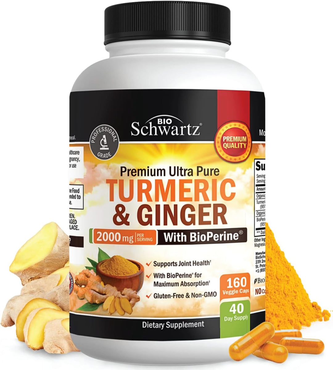 Turmeric and Ginger Supplement with Bioperine - 2000Mg High Absorption, 95% Curcuminoids - Non-Gmo, Gluten-Free Turmeric Supplement for Joint and Immune Support - 160 Capsules