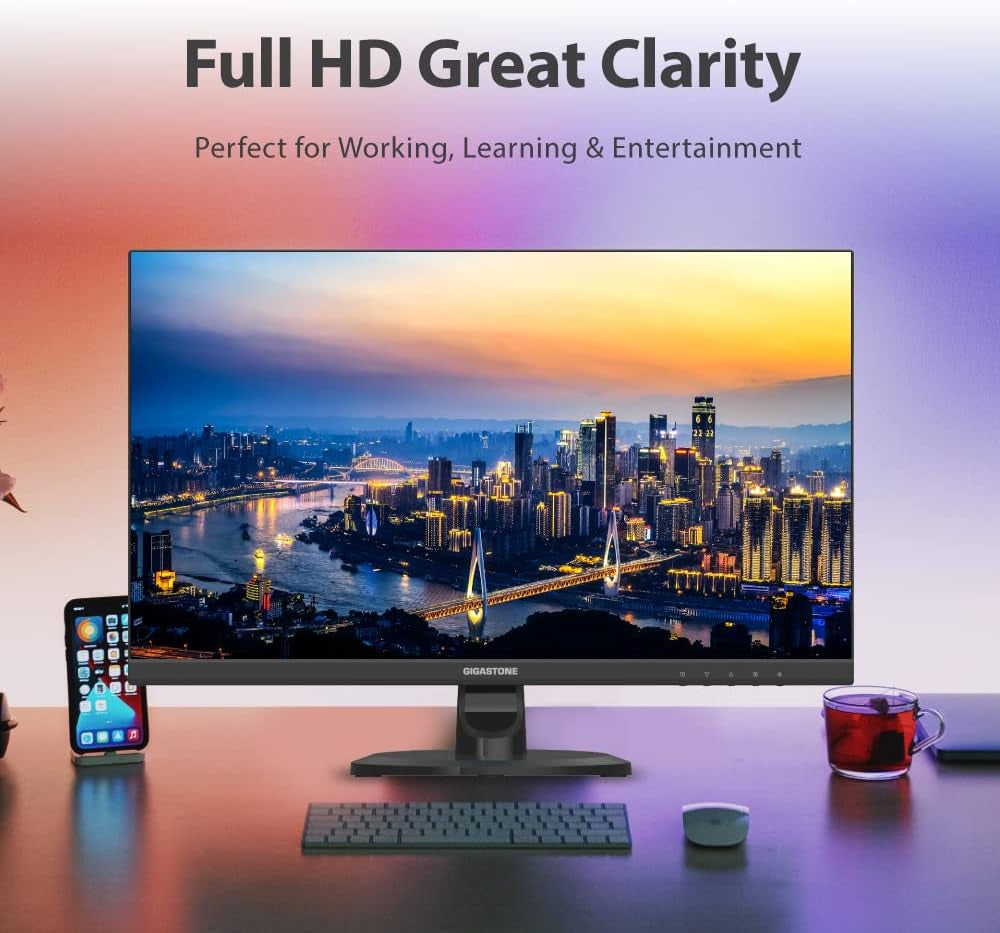 Gigastone 24 Inch IPS LED Back Light Monitor 75Hz FHD 1920 X 1080, 1080P 178° Wide View Frameless Computer Monitor 5Ms, Built-In Speakers, Eye Care Technology, Ergonomic Tilt VESA Mount, HDMI VGA