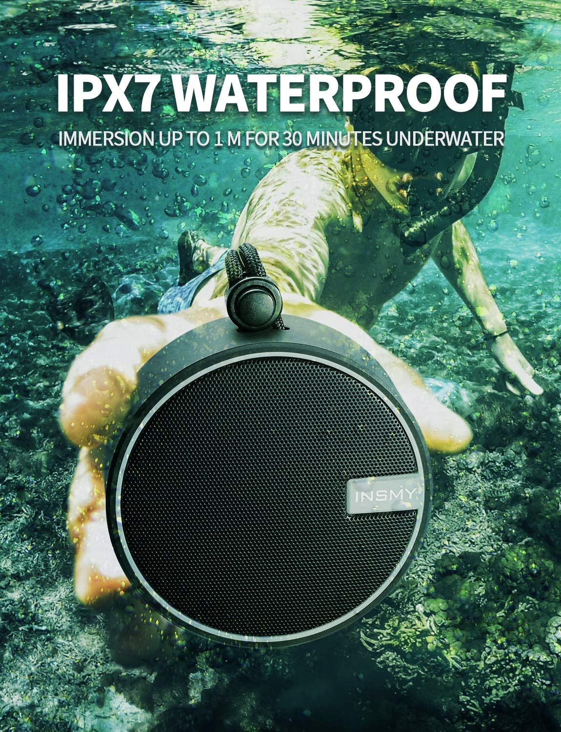 INSMY C12 IPX7 Waterproof Shower Bluetooth Speaker, Portable Small Speaker, Speakers Bluetooth Wireless Loud Clear Sound Support TF Card Suction Cup for Kayak Canoe Beach Gift (Black)