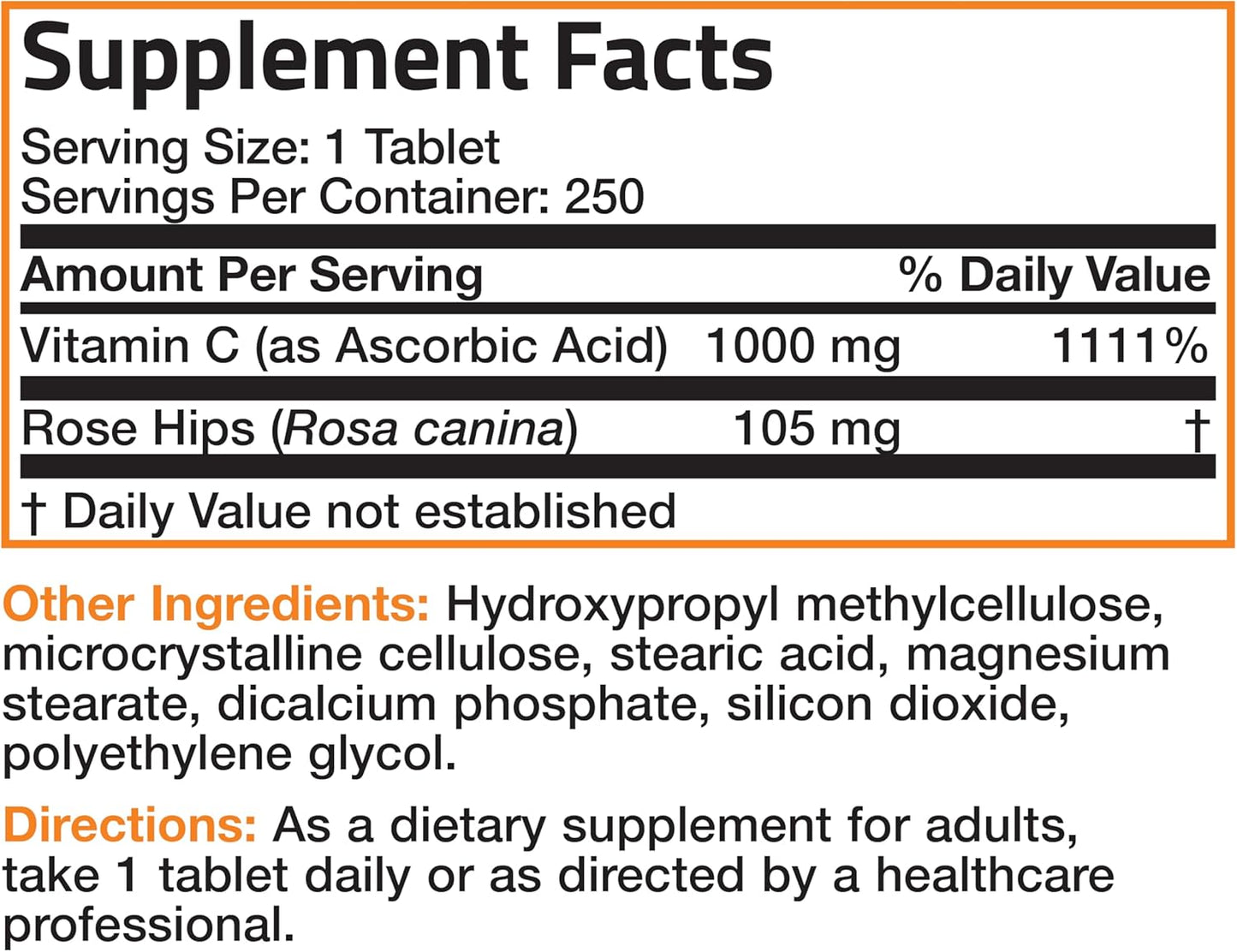 Bronson Vitamin C 1000 Mg with Rose HIPS Sustained Release, 250 Tablets