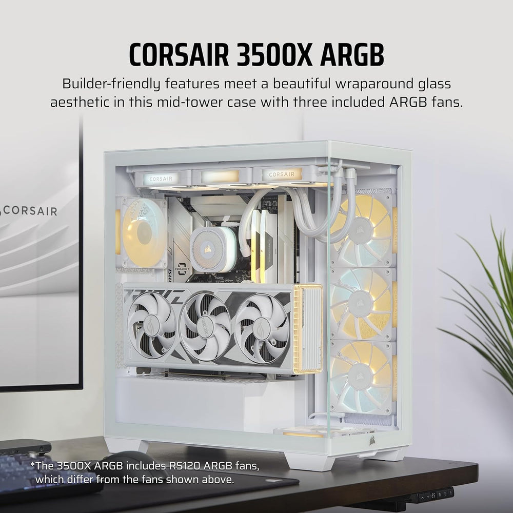 CORSAIR 3500X ARGB Mid-Tower ATX PC Case – Panoramic Tempered Glass – Reverse Connection Motherboard Compatible – 3X CORSAIR RS120 ARGB Fans Included – White